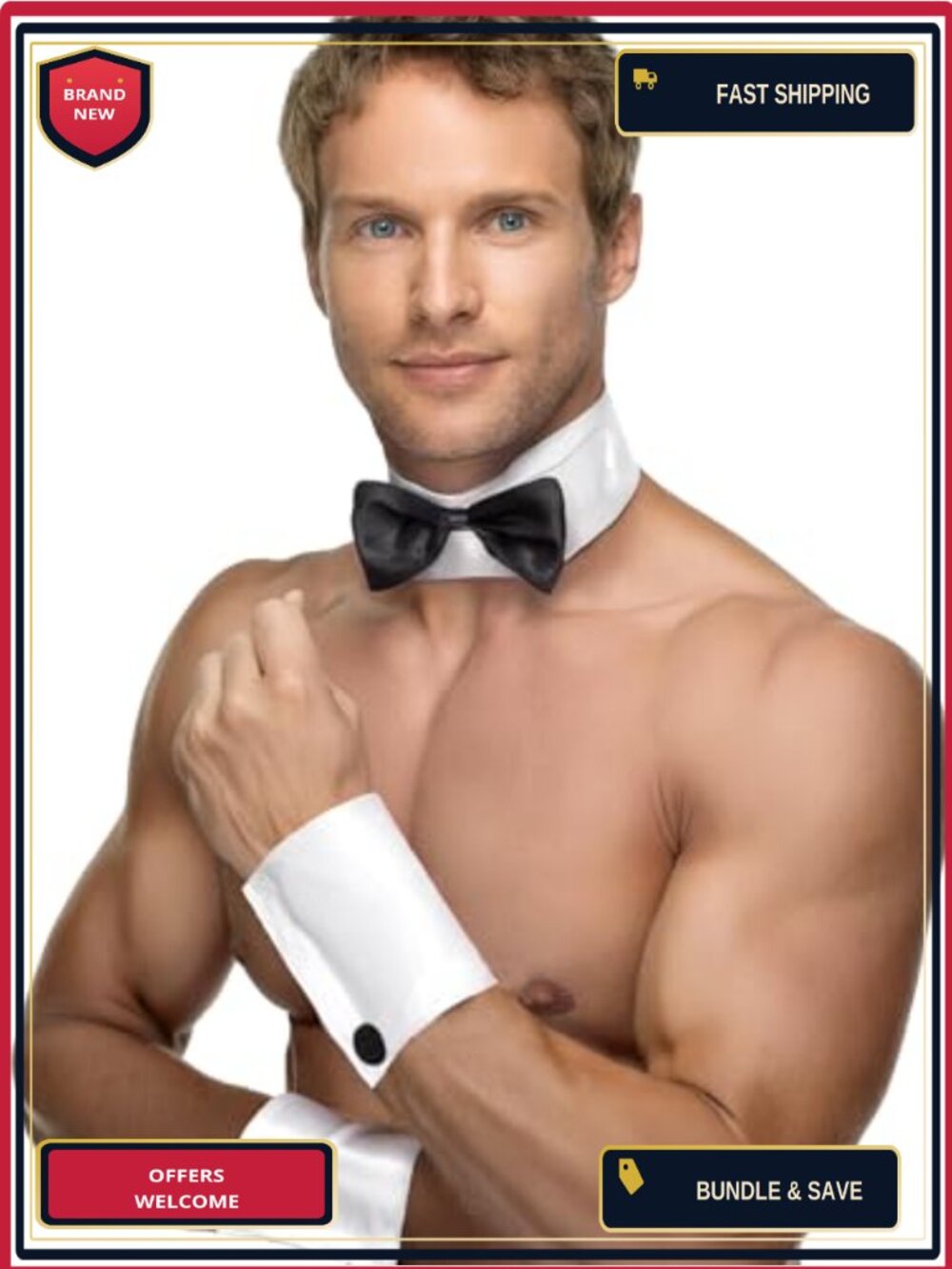 Collar Bow Tie & Cuff Set Funny Waiter Chippendale Tuxedo Costume One Size